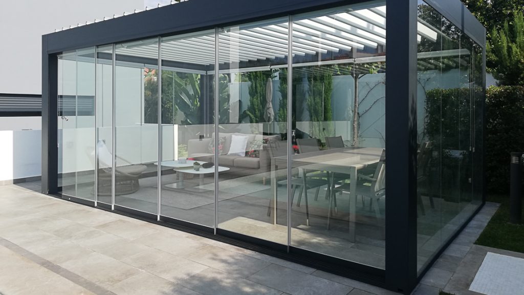 Pergola Room Motorized Louver Bioclimatic Pergola with sliding glass doors on side
