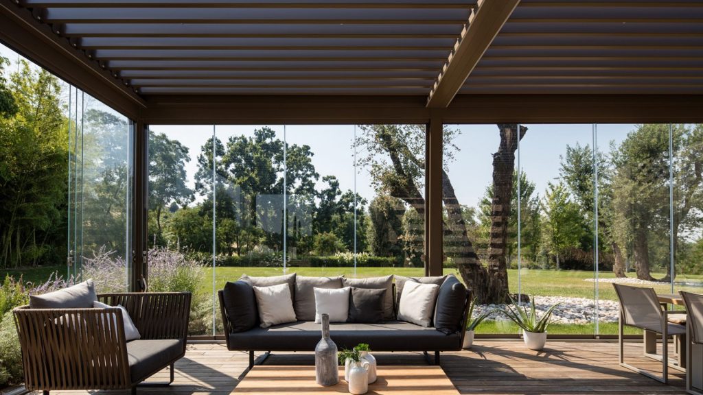 Pergola Room Louvered Roof with sliding glass doors on sides