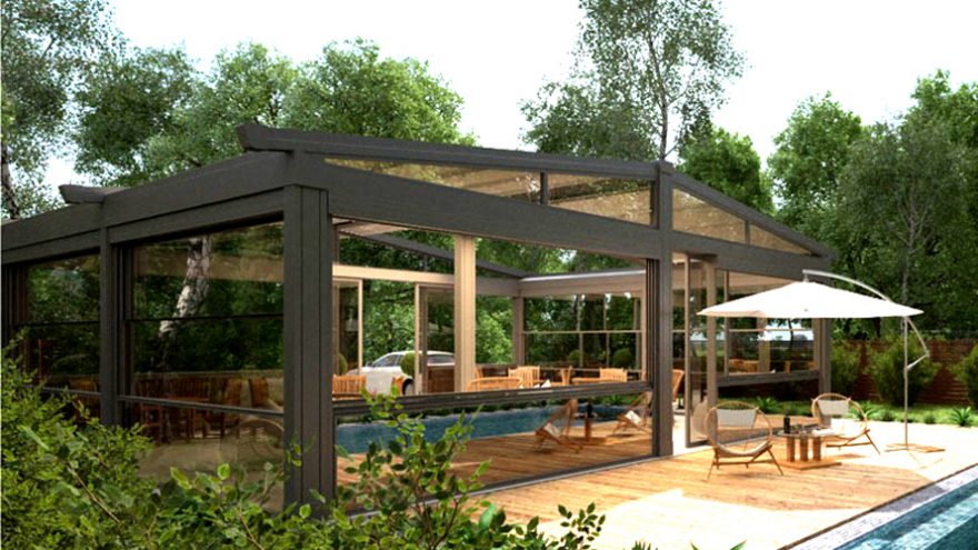 Motorized Retractable Pergola with Guillotine Glass Sides